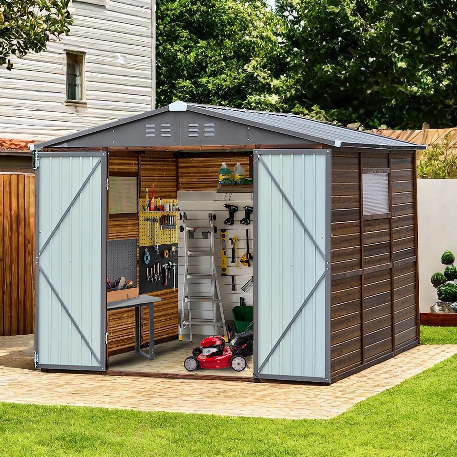 8x8 FT Outdoor Wood & Metal St - Gardening Tools Storage review and price
